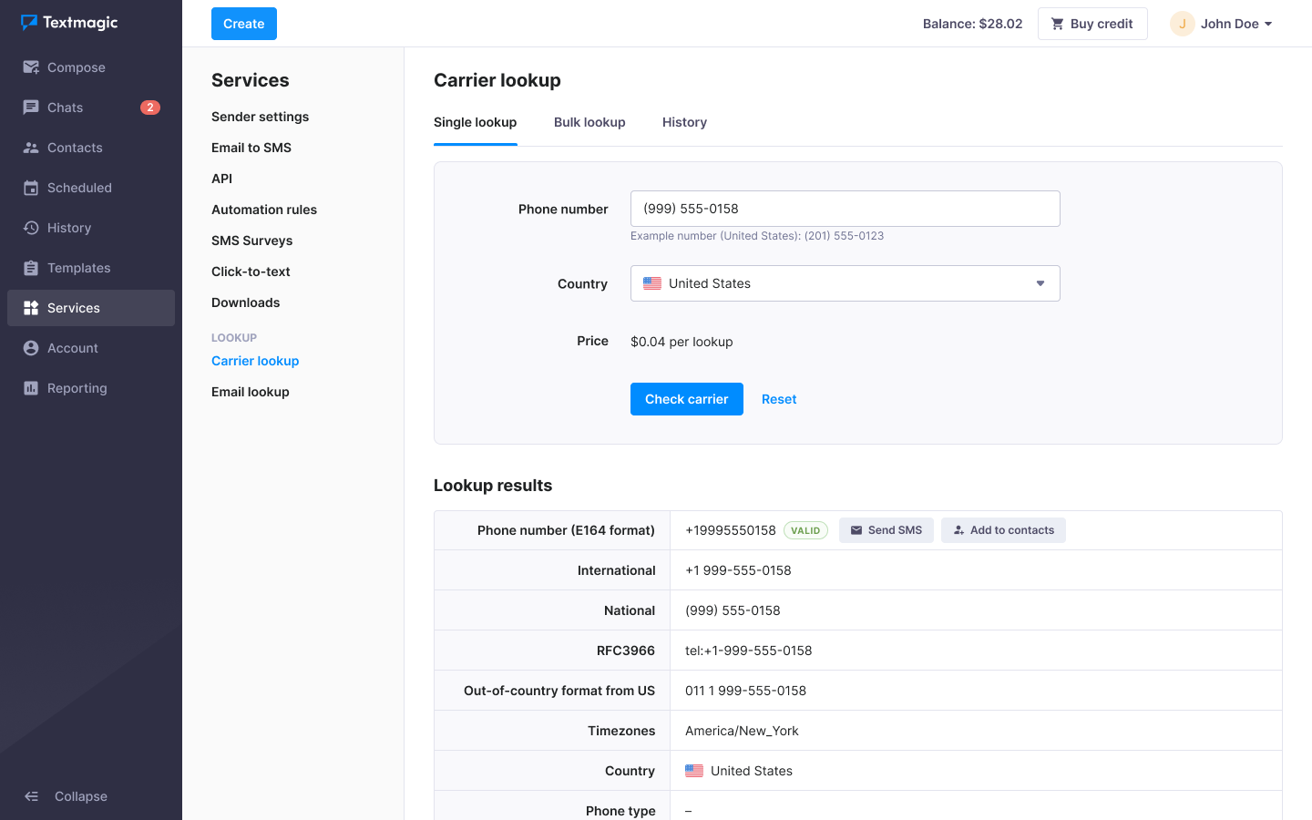 validate numbers with carrier lookup service